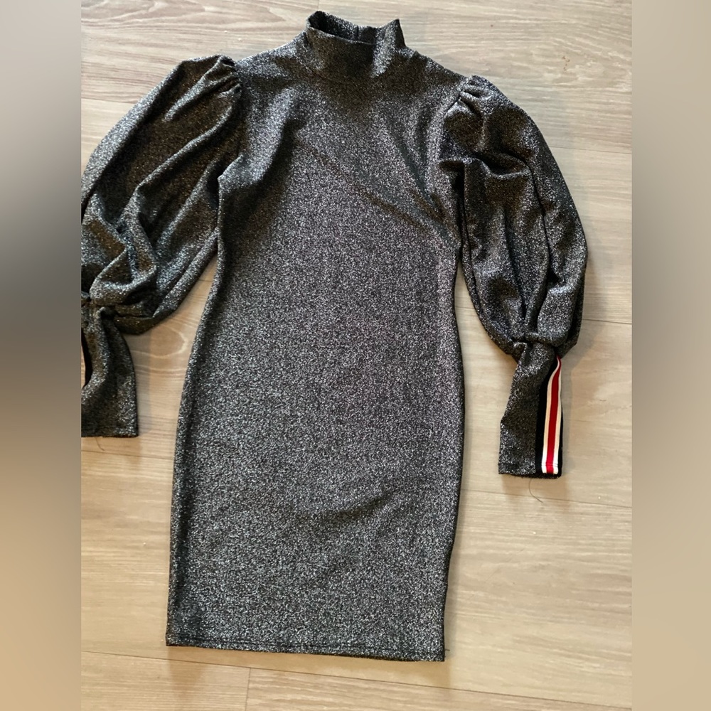 Silver Shimmery Puff Sleeve Dress
